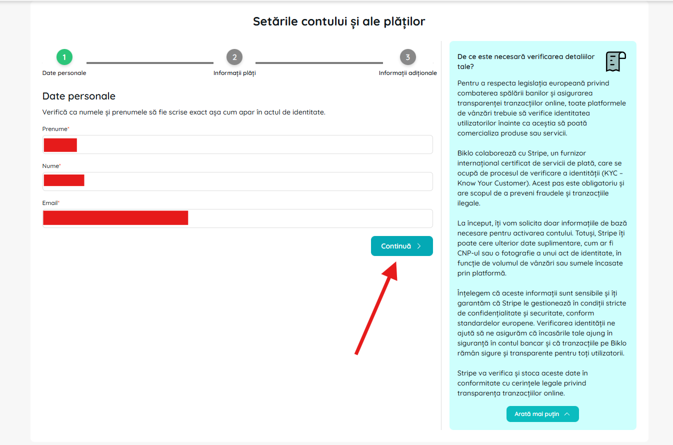 Izpolnjevanje osebnih podatkov v postopku ustvarjanja finančnega računa Biklo