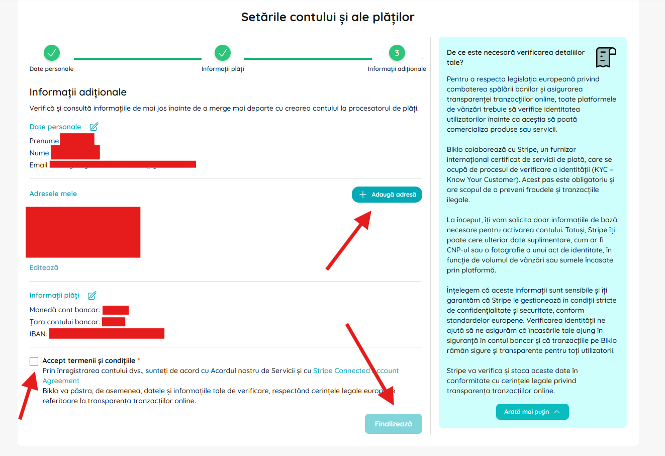 Izpolnjevanje dodatnih informacij in sporazumov v postopku ustvarjanja finančnega računa Biklo